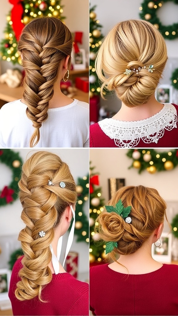 Unique Christmas Hairstyles for Festive Celebrations Collage of unique Christmas hairstyles including braids and updos with festive accessories.